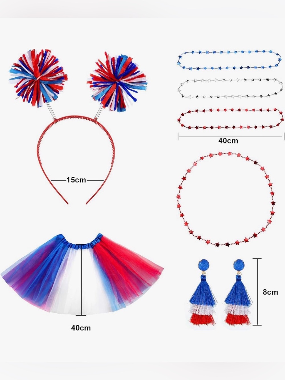 New! 6 Pcs 4th of July Tutu Set With  Red White and Blue Accessories - Picture 2 of 11
